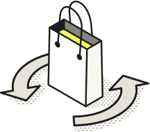 A shopping bag with a yellow handle and a barcode, representing order fulfillment services.